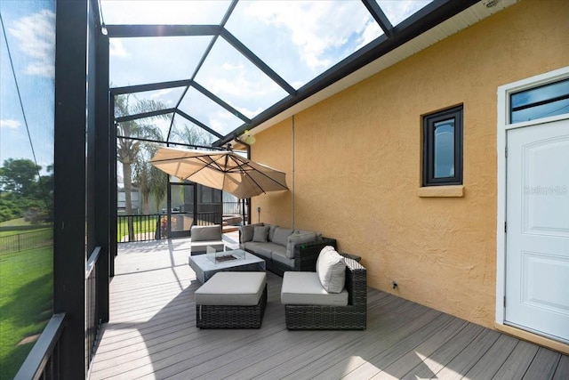 6357 Ashley Dr, Lakeland, FL 33813 - wooden deck with outdoor lounge area and a lanai