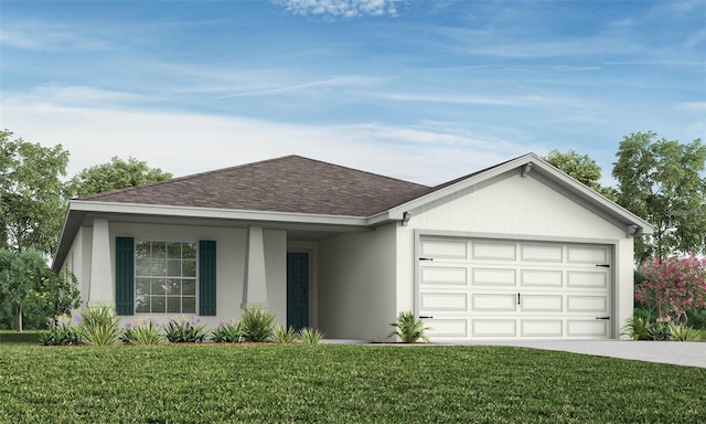 5393 SE 129th Ln, Belleview, FL 34420 - ranch-style home with concrete driveway, a front yard, an attached garage, roof with shingles, and stucco siding