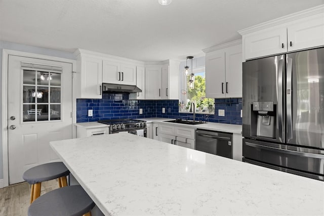 3810 Harrelson Rd, Lakeland, FL 33810 - kitchen featuring appliances with stainless steel finishes, under cabinet range hood, a sink, white cabinetry, and tasteful backsplash