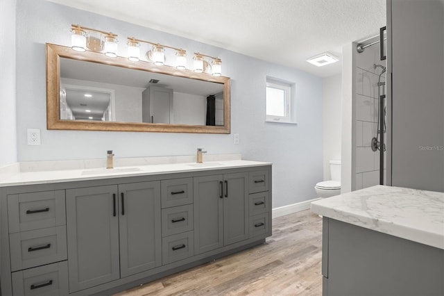 3810 Harrelson Rd, Lakeland, FL 33810 - bathroom with toilet, wood finished floors, double vanity, a textured ceiling, and a shower