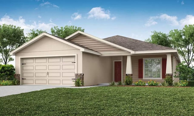 5381 SE 129th Ln, Belleview, FL 34420 - ranch-style house featuring a garage, driveway, a front yard, stucco siding, and a shingled roof