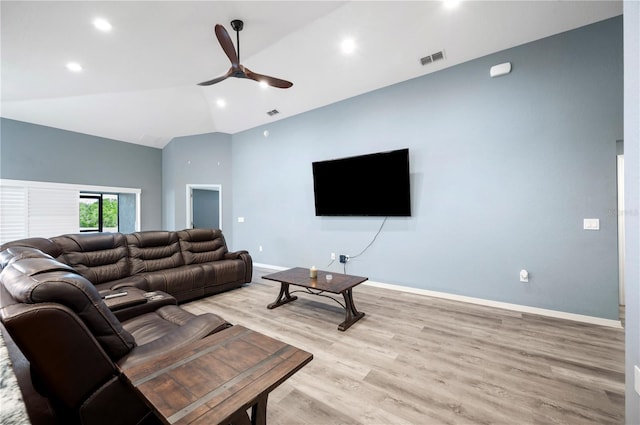 3883 Sandhill Crane Dr, Lakeland, FL 33811 - living area with ceiling fan, high vaulted ceiling, light wood-type flooring, baseboards, and recessed lighting