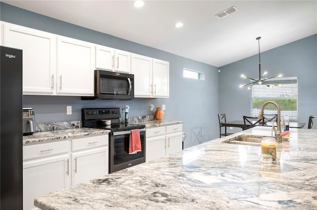 3883 Sandhill Crane Dr, Lakeland, FL 33811 - kitchen featuring electric range oven, a sink, a chandelier, vaulted ceiling, and white cabinetry