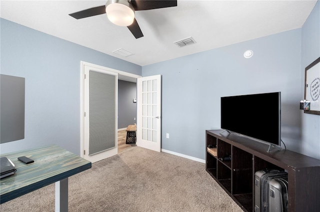 3883 Sandhill Crane Dr, Lakeland, FL 33811 - office space with a ceiling fan, carpet flooring, baseboards, and french doors