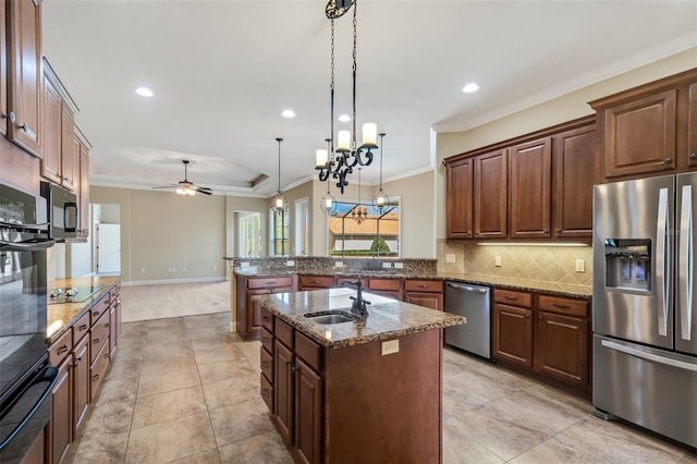 6527 Eagle Ridge Way, Lakeland, FL 33813 - kitchen with appliances with stainless steel finishes, ornamental molding, tasteful backsplash, a ceiling fan, and recessed lighting