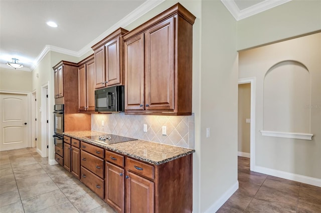 6527 Eagle Ridge Way, Lakeland, FL 33813 - kitchen with black appliances, ornamental molding, tasteful backsplash, light stone countertops, and light tile patterned floors