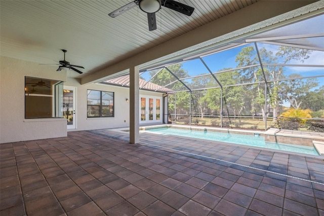 6527 Eagle Ridge Way, Lakeland, FL 33813 - view of patio / terrace with french doors, a ceiling fan, an outdoor pool, and glass enclosure