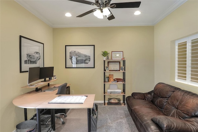 1233 Emerald Hill Way, Valrico, FL 33594 - office featuring carpet floors, ceiling fan, ornamental molding, baseboards, and recessed lighting