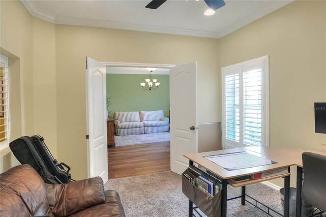 1233 Emerald Hill Way, Valrico, FL 33594 - carpeted office space with a chandelier, crown molding, and a ceiling fan