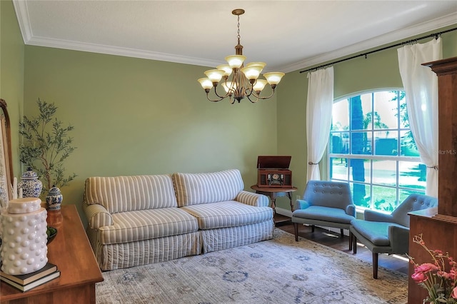 1233 Emerald Hill Way, Valrico, FL 33594 - living area with a chandelier, plenty of natural light, ornamental molding, and wood finished floors