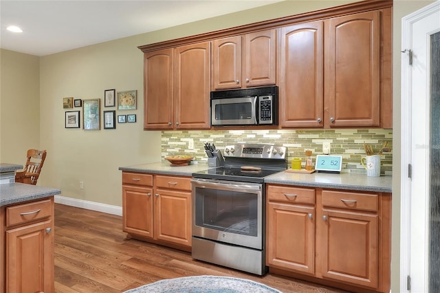 1233 Emerald Hill Way, Valrico, FL 33594 - kitchen featuring stainless steel appliances, baseboards, decorative backsplash, wood finished floors, and recessed lighting