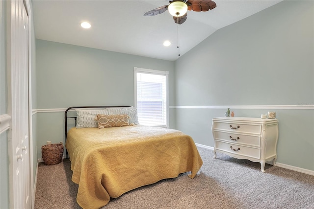 1233 Emerald Hill Way, Valrico, FL 33594 - carpeted bedroom with vaulted ceiling, baseboards, a ceiling fan, and recessed lighting