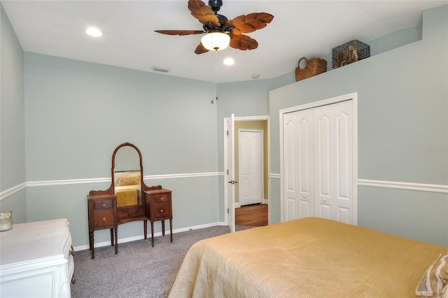 1233 Emerald Hill Way, Valrico, FL 33594 - carpeted bedroom featuring a closet, baseboards, recessed lighting, and ceiling fan