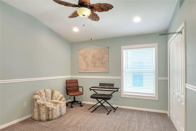 1233 Emerald Hill Way, Valrico, FL 33594 - sitting room featuring carpet flooring, ceiling fan, baseboards, lofted ceiling, and recessed lighting