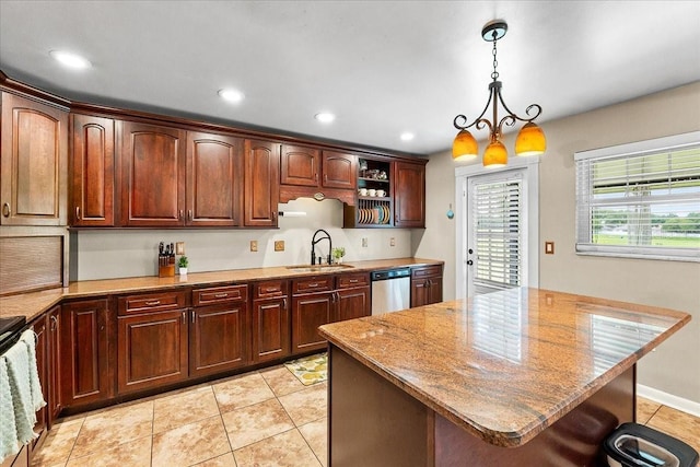2810 Gary Ln, Lakeland, FL 33812 - kitchen with a sink, dishwasher, hanging light fixtures, recessed lighting, and a kitchen island