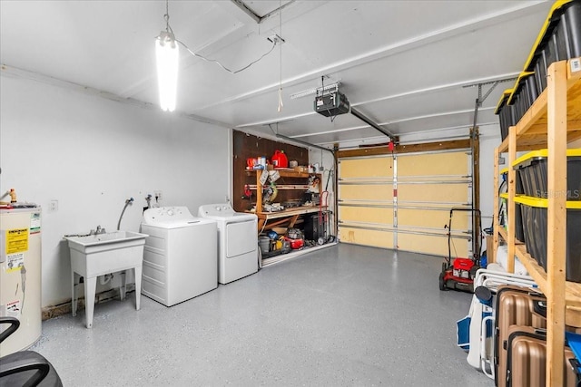 2810 Gary Ln, Lakeland, FL 33812 - garage featuring electric water heater, a garage door opener, independent washer and dryer, and a sink