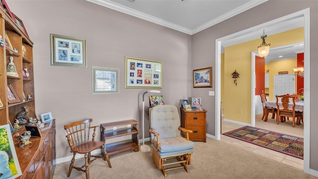 2025 Viewpoint Landings Rd, Lakeland, FL 33810 - living area with crown molding, carpet, baseboards, tile patterned flooring, and a desk