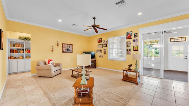 2025 Viewpoint Landings Rd, Lakeland, FL 33810 - living room with ceiling fan, light tile patterned floors, ornamental molding, recessed lighting, and baseboards