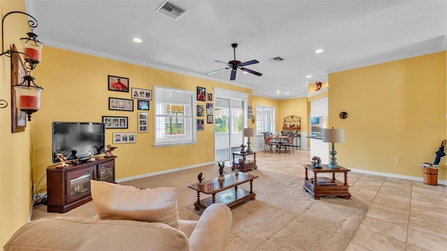 2025 Viewpoint Landings Rd, Lakeland, FL 33810 - living area featuring crown molding, a ceiling fan, baseboards, recessed lighting, and light tile patterned floors