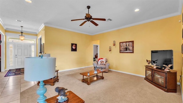 2025 Viewpoint Landings Rd, Lakeland, FL 33810 - living room with ceiling fan, crown molding, baseboards, and recessed lighting