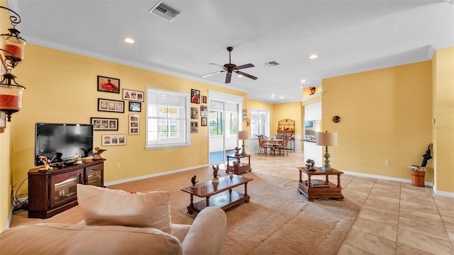 2025 Viewpoint Landings Rd, Lakeland, FL 33810 - living area featuring ornamental molding, ceiling fan, recessed lighting, baseboards, and light tile patterned floors