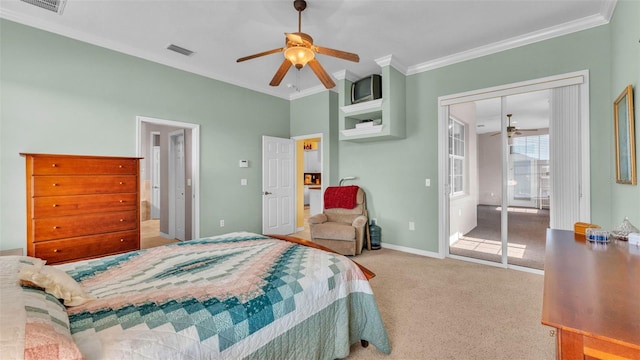 2025 Viewpoint Landings Rd, Lakeland, FL 33810 - carpeted bedroom featuring ornamental molding, ceiling fan, baseboards, and access to outside