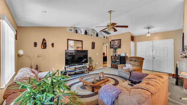 7311 Briarbay Loop, Lakeland, FL 33810 - living area with carpet floors, lofted ceiling, and ceiling fan