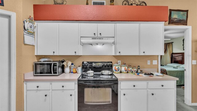 7311 Briarbay Loop, Lakeland, FL 33810 - kitchen with black electric range, stainless steel microwave, under cabinet range hood, light countertops, and white cabinets