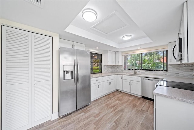 107 Seville Ct N, Plant City, FL 33566 - kitchen featuring appliances with stainless steel finishes, a tray ceiling, a sink, tasteful backsplash, and light countertops