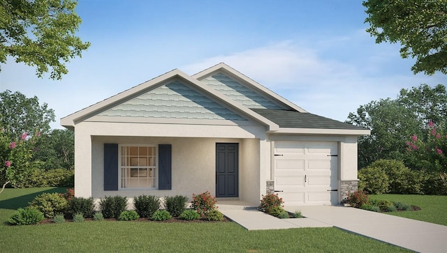 4486 Rapallo Ave, Winter Haven, FL 33884 - view of front of house with an attached garage, a front yard, concrete driveway, stucco siding, and stone siding