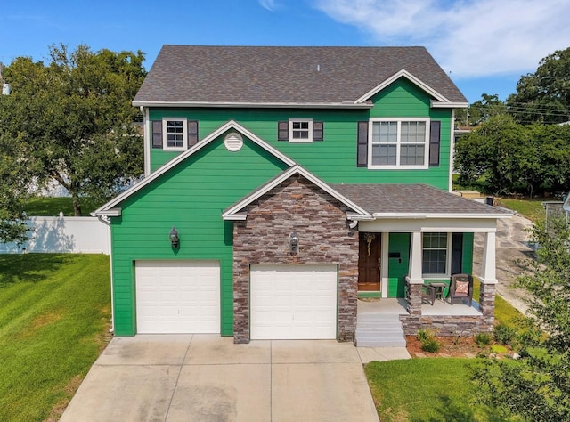 2731 Coventry Ave, Lakeland, FL 33803 - view of front of home with a garage, a porch, driveway, a shingled roof, and stone siding
