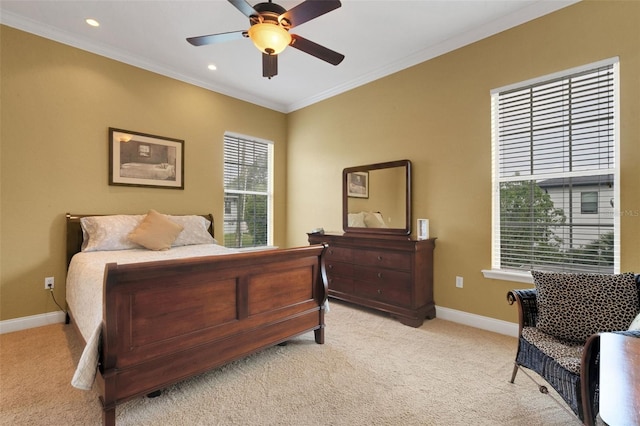 2731 Coventry Ave, Lakeland, FL 33803 - bedroom with light colored carpet, crown molding, baseboards, recessed lighting, and a ceiling fan