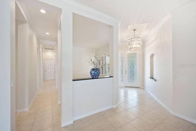 2425 Laurel Glen Dr, Lakeland, FL 33803 - corridor featuring light tile patterned floors, crown molding, a chandelier, and recessed lighting