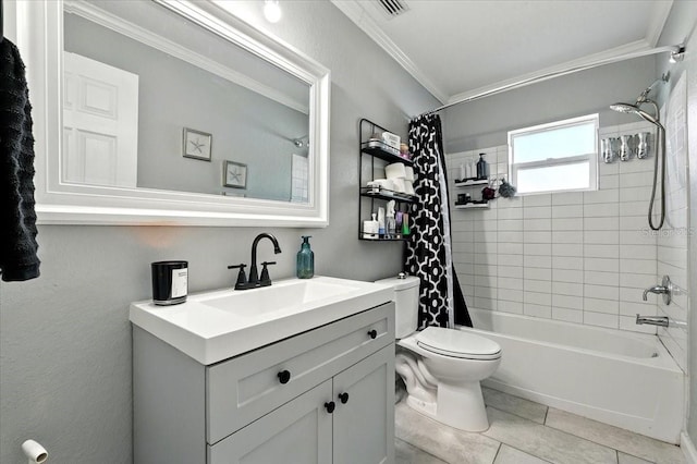 1648 Skinner St, Lakeland, FL 33801 - full bath featuring shower / tub combo with curtain, ornamental molding, vanity, toilet, and tile patterned floors