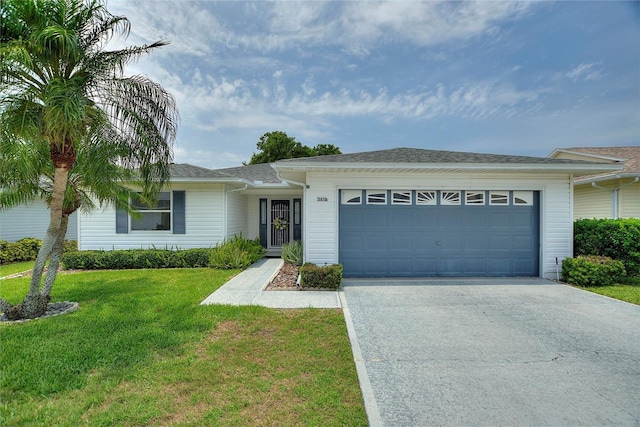 3618 Highland Fairways Blvd, Lakeland, FL 33810 - ranch-style home with concrete driveway, a front lawn, an attached garage, and a shingled roof