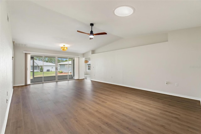 3618 Highland Fairways Blvd, Lakeland, FL 33810 - unfurnished living room with wood finished floors, a ceiling fan, lofted ceiling, and baseboards