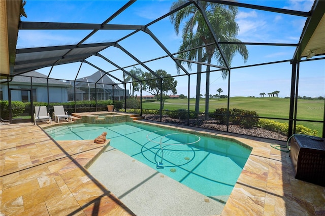 2936 Grasslands Dr, Lakeland, FL 33803 - view of swimming pool with a patio, golf course view, a pool with connected hot tub, and glass enclosure