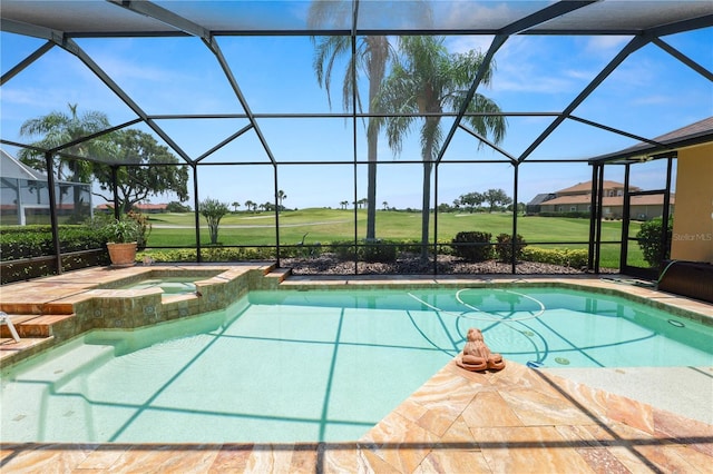 2936 Grasslands Dr, Lakeland, FL 33803 - view of swimming pool featuring glass enclosure, golf course view, a patio area, and a pool with connected hot tub