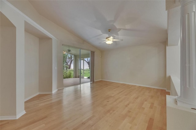 1003 Clearpointe Way, Lakeland, FL 33813 - empty room with ceiling fan, light wood-style floors, baseboards, and vaulted ceiling