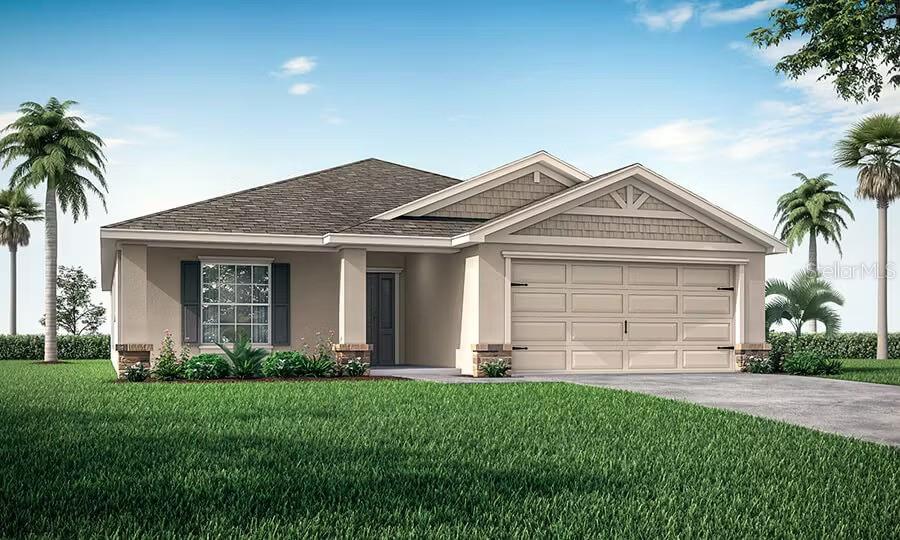 1819 Daystar Dr, Haines City, FL 33844 - view of front facade featuring driveway, an attached garage, a front lawn, stucco siding, and roof with shingles
