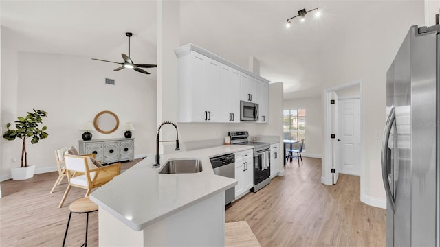 5458 Oakford Dr, Lakeland, FL 33812 - kitchen with appliances with stainless steel finishes, a sink, a ceiling fan, light countertops, and vaulted ceiling