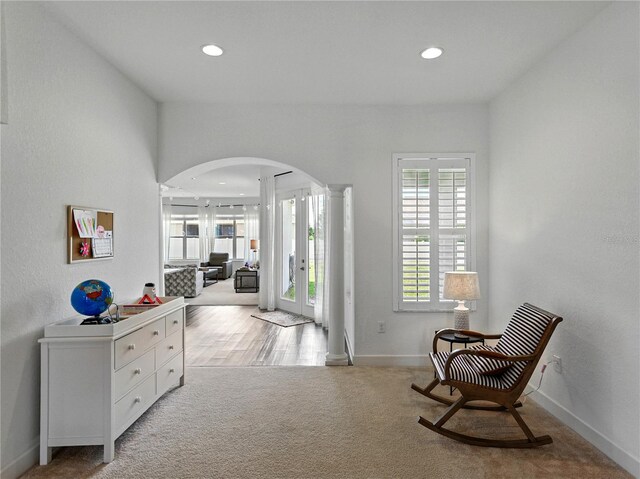1547 Cordgrass Way, Lakeland, FL 33813 - living area featuring arched walkways, carpet floors, recessed lighting, decorative columns, and baseboards