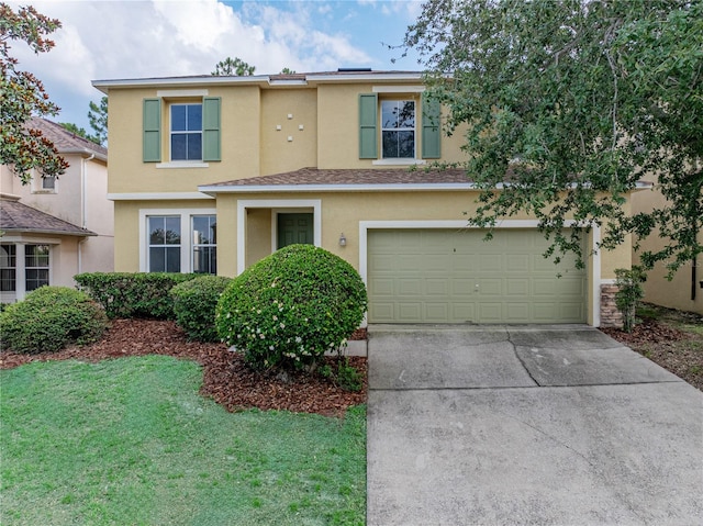 143 Alfani St, Davenport, FL 33896 - view of front of property with stucco siding, concrete driveway, a garage, and a front lawn