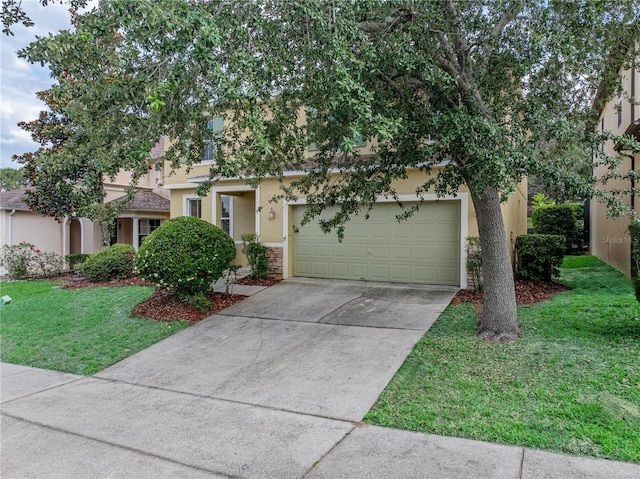 143 Alfani St, Davenport, FL 33896 - view of property hidden behind natural elements featuring stucco siding, concrete driveway, a front yard, and an attached garage