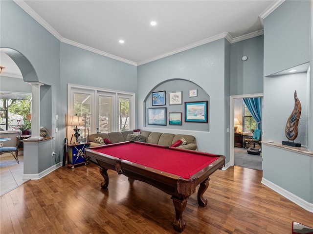 148 Melissa Trl, Auburndale, FL 33823 - rec room with decorative columns, arched walkways, billiards, wood finished floors, and baseboards