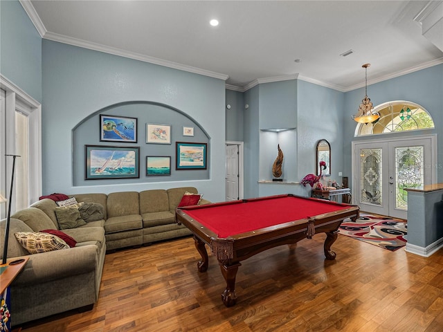 148 Melissa Trl, Auburndale, FL 33823 - recreation room with wood finished floors, french doors, crown molding, billiards table, and recessed lighting