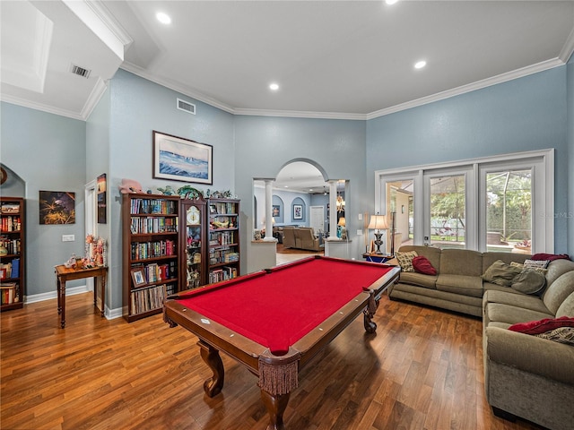 148 Melissa Trl, Auburndale, FL 33823 - game room featuring arched walkways, ornamental molding, wood finished floors, billiards, and recessed lighting