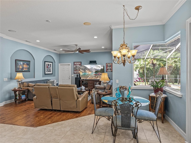148 Melissa Trl, Auburndale, FL 33823 - dining area with ceiling fan, light tile patterned floors, baseboards, recessed lighting, and ornamental molding