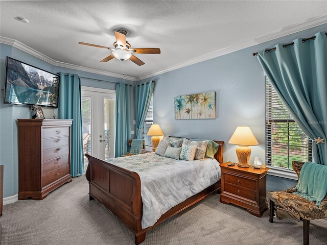 148 Melissa Trl, Auburndale, FL 33823 - bedroom featuring access to outside, ornamental molding, carpet, french doors, and a ceiling fan