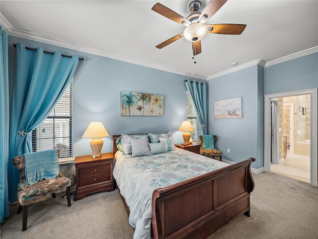 148 Melissa Trl, Auburndale, FL 33823 - carpeted bedroom featuring crown molding, baseboards, a ceiling fan, and ensuite bath